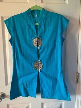 Turquoise Embellished Mandarin Collar Tunic Top
